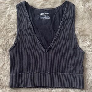 Garage Charcoal Ribbed V-Neck Crop Top